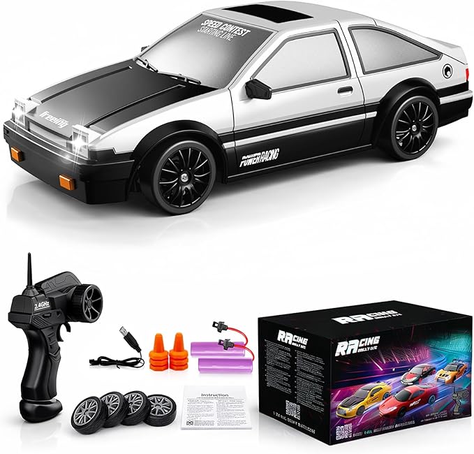 Remote Control Car RC Drift Car 2.4GHz 1:24 Scale 4WD 15KM/H High Speed Model Vehicle with LED Lights Drifting Tire Racing Sport Toy Car for Adults Boys Girls Kids Gift 2Pcs Rechargeable Batteries