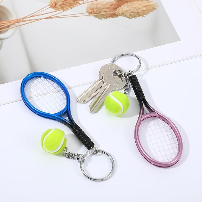 Mini Tennis Racket Keychain Key Ring, 2 Pcs Cute Tennis Accessories Colorful Mini Sport Party Decorations Fashionable Jewelry Ball Key Ring Bag Charm for Sport Lovers Team, Women, Men (Blue, Purple)