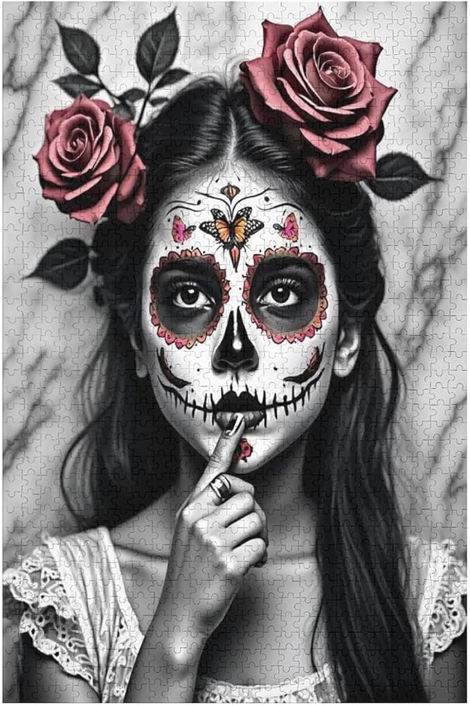 Jigsaw Puzzles for Adults 1000 Piece - Gorgeous Sugar Skull Lady Day of The Dead Wooden Puzzle, Puzzle Games,Stress Relief Games,Funny Puzzles，Unique Gifts for Wall Art，Family Puzzles