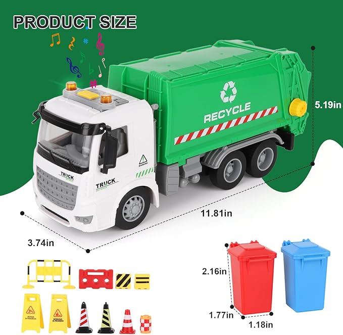 11.8" Mini Garbage Truck Toy, Trash Truck Toy with Dumping Function, Friction Powered, Sound and Lights for Age 3-7 Years Old Boys Girls Birthday Gifts