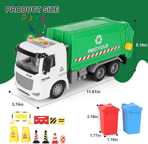 11.8" Mini Garbage Truck Toy, Trash Truck Toy with Dumping Function, Friction Powered, Sound and Lights for Age 3-7 Years Old Boys Girls Birthday Gifts