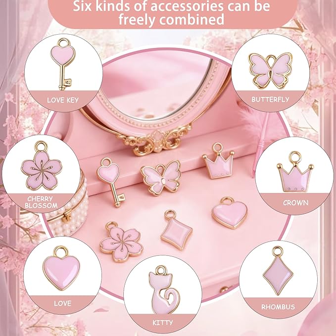 VPDSLABUBU Accessories for 3.9-6.7 Inch (10-17cm) Dolls,10 Pcs Accessories,Including 1 Pearl Necklace,7 Pink Collection Pendants, and 2 Spring Buckles,Meet Your DIY Needs(Pink Collection)