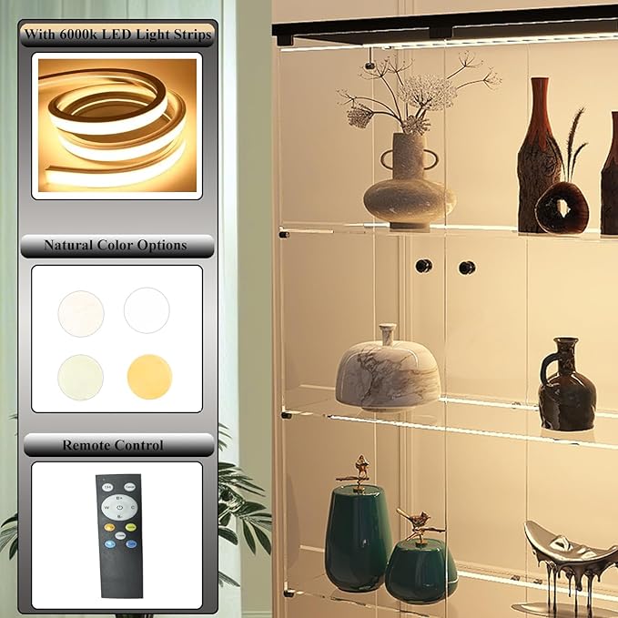 Display Cabinet with Glass Doors, 4-Tier Curio Cabinet with LED Lights for Collectibles (2700K-6000K), Glass Display Case with Remote Control