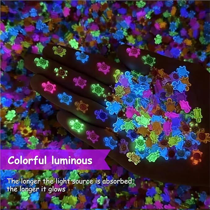 100 Pcs Tiny Mini Luminous Resin Turtles Figures Sea Crafts Glow in The Dark Bulk Plastic Ocean Animals Figurines to Hide 10 Colors Dollhouse Garden Aquarium Micro Landscape Decor