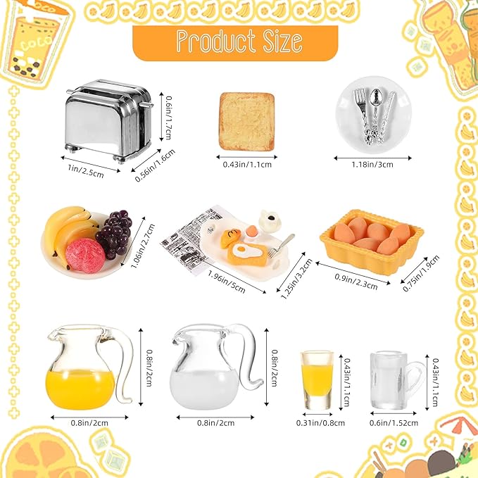 simarro Miniature Dollhouse Breakfast Accessories, 46 Pcs 1:12 Scale Mini Toast Machine Bread Milk Eggs Cups Fruits Plates Fork Spoons Drink for Dollhouse Kitchen Scene and Cake Topper Decor