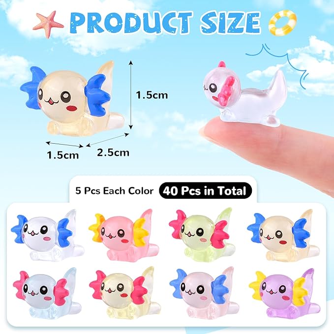 40PCS Mini Resin Animals Colorful Tiny Axolotls Glow in Dark, Miniature Figures to Hide, Little Animal Small Figurines for Topper Desk Garden Dollhouse Landscape Aquarium Ornaments Crafts & Decor