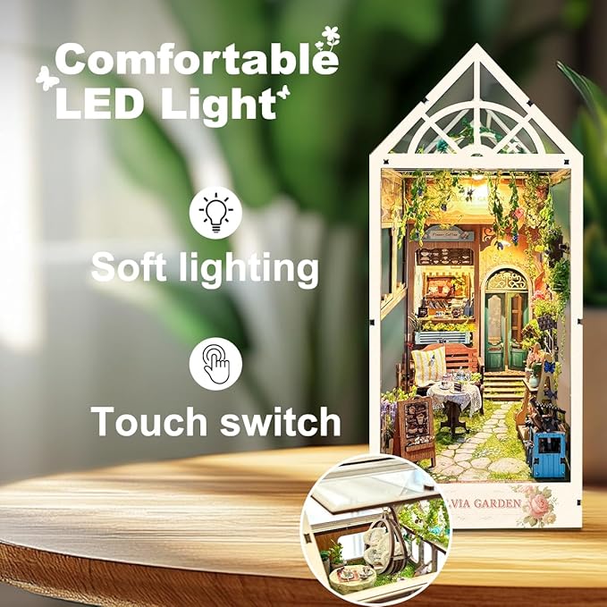 DIY Dollhouse Kit for Adults 2D Stereo Assembly Night Light Sensing Wooden Bookend Jigsaw Building Model (Sylvia Garden)
