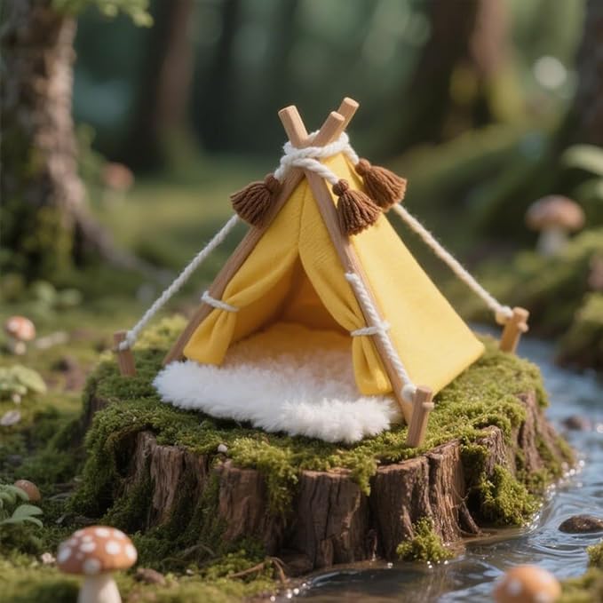 Dollhouse Camping Tent,1:12 Scale Mini Yellow Cloth Tent with Carpet, Miniature Outdoor Furniture Accessories for Bedroom,Patio and Garden (Yellow Camping Tent)