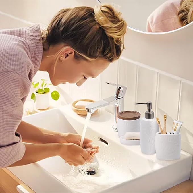 Bathroom Accessories Set,Leaf Design Bathroom Accessory Set,4 PCS Ceramic Gift Set Apartment Necessities, Contain Cotton Swab Jar,Soap Dispenser,Soap Dish,Tumbler White