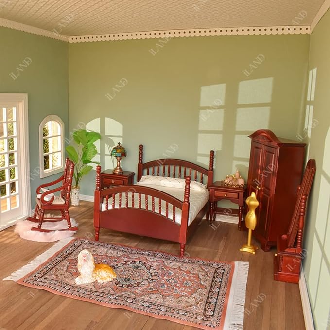 iLAND Vintage Dollhouse Furniture 1/12 Scale, Dollhouse Bedroom Furniture in Mahogany Color incl Dollhouse Bed & Mirror Full Length & Wardrobe & Bedside Table & Rocking Chair (Brewster 7pcs)