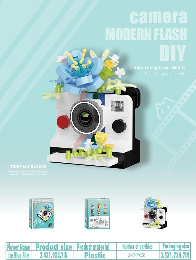 Ice Blue Film Cute Flower Camera Series Mini Building Toy Bricks Micro Blocks Kit Miniature Toys Ideal for Home Decor Desktop