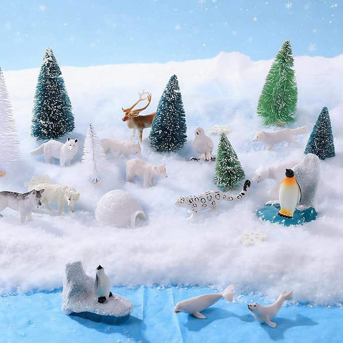 56 Pcs Arctic Animals Figurines Set Includes 14 Polar Animals Figurines 10 Pine Trees 4 Artificial Lceberg Fake Snow 3 Packs Fake Ice Rocks Fake Snow Blanket 2 Blue Tissue Paper Arctic Diorama Kit