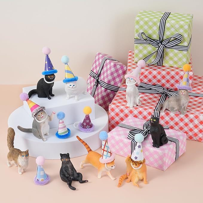 20 Pcs Miniature Cat Figurines with Birthday Hats Kit, Resin Tiny Cat Figurines Cake Toppers for Birthday Cat Cake Party Decorations