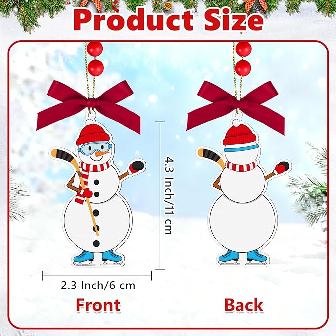 4.3 Inches Snowman Ice Hockey Christmas Ornament,Wooden Ice Hockey Snowman Tree Ornament Hanging Decoration for Rearview Mirror, Window, Eaves, Fireplace and Home Holiday Party Decor