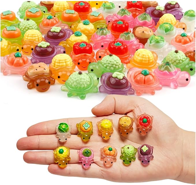 Mini Resin Turtle Figurines, Glow in The Dark Whimsical Fruit Vegetable Turtle Figures, Mini Plastic Sea Animals for Hide and Seek (100 Pcs Small)