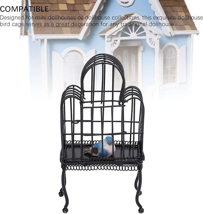 1:12 Scale Dollhouse Bird Cage Metal Miniature Bird Cage Realistic Opening Door Miniature Dollhouse Bird Cage with Fake Grass Bird Sticker (Black)