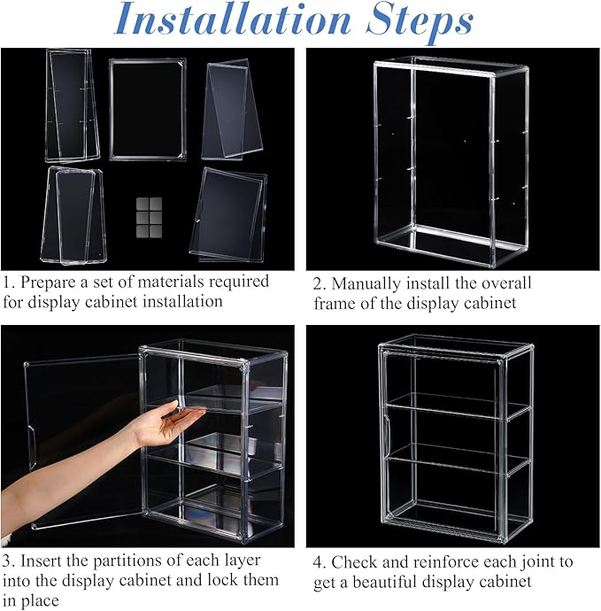 4 Pcs Clear Acrylic Display Case 3 Tier Display Shelf Storage Boxes Cabinet Organizer with Magnetic Door for Figures Toys (Clear)