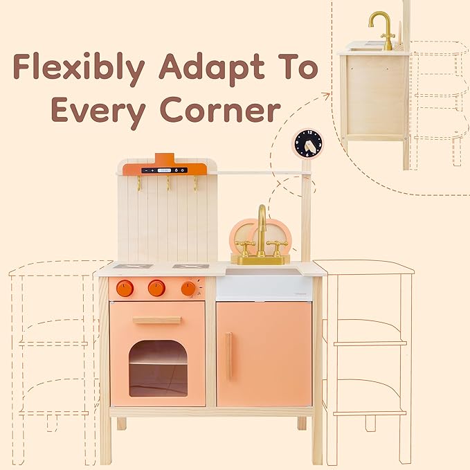 Pillowhale 2-in-1 Wooden Play Kitchen with Storage Rack, Kids Pretend Cooking Set w/Sink, Stove, Microwave & 8 Accessories, Montessori Toddler Kitchen Toy Gift for Boys & Girls Age 3+ (Red)