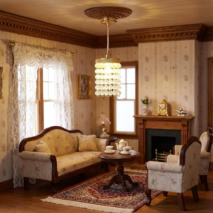 TOYANDONA Dollhouse Chandelier - 1/12 Scale Hanging Beaded Chandelier Doll House Ceiling Lights Lamp Miniature Dollhouse Lights Led Battery Operated for Doll House Decoration Accessories
