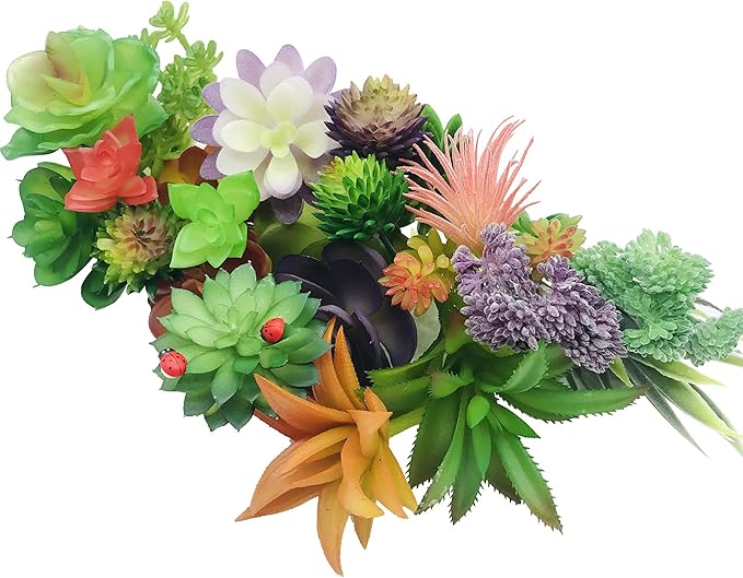 Woohome 34 PCS Artificial Succulents Picks Set, 24 PCS Mixed Color Artificial Succulent Plants and 10 PCS Simulation Ladybug for Faux Succulents Floral Arrangement, Home Decoration