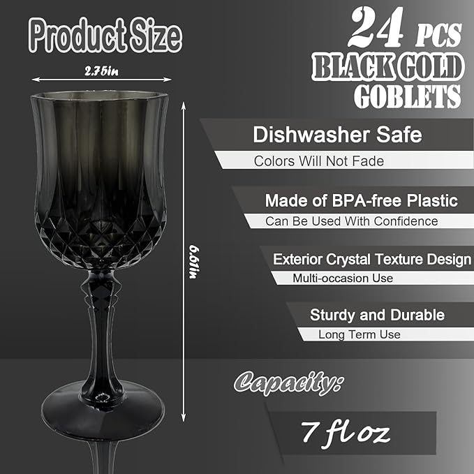 Veiuwa 24 PCS Black Plastic Wine Glasses,Reusable Plastic Wine Glasses,Black Goblet Glass,Durable and Sturdy Cups Can Be Used for Various Parties Such as Weddings!