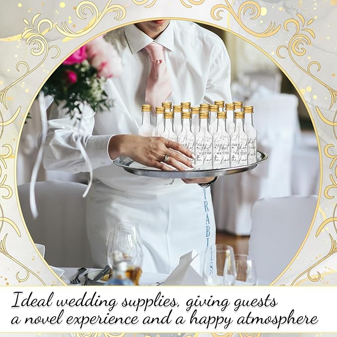 Bokon 50 Pcs Mini Wedding Liquor Bottles Take a Shot We Tied The Knot Shot Glasses for Guests 1.7 Fl Oz/ 50 ml Plastic Reusable Empty Bottle with Cap Funnel Acrylic Mini Glasses for Bridal (Gold)