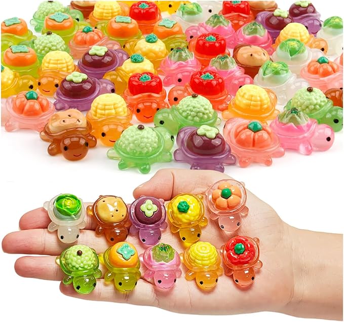Mini Resin Turtle Figurines, Glow in The Dark Whimsical Fruit Vegetable Turtle Figures, Mini Plastic Sea Animals for Hide and Seek (50 Pcs Big)