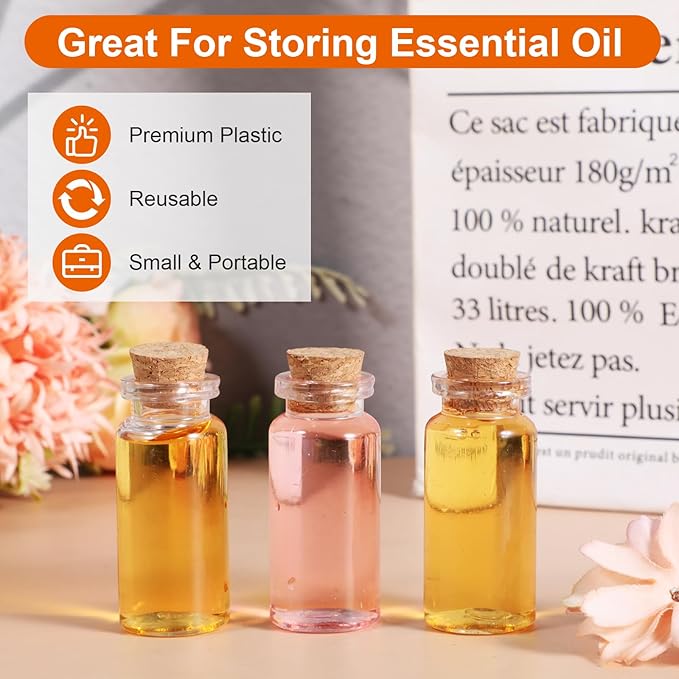 120 Pack 10ml Mini Plastic Bottles with Cork Stoppers, Small Empty Clear Plastic Jars for DIY Crafts, Wedding Favors, Spice & Sample Containers, Party Decor