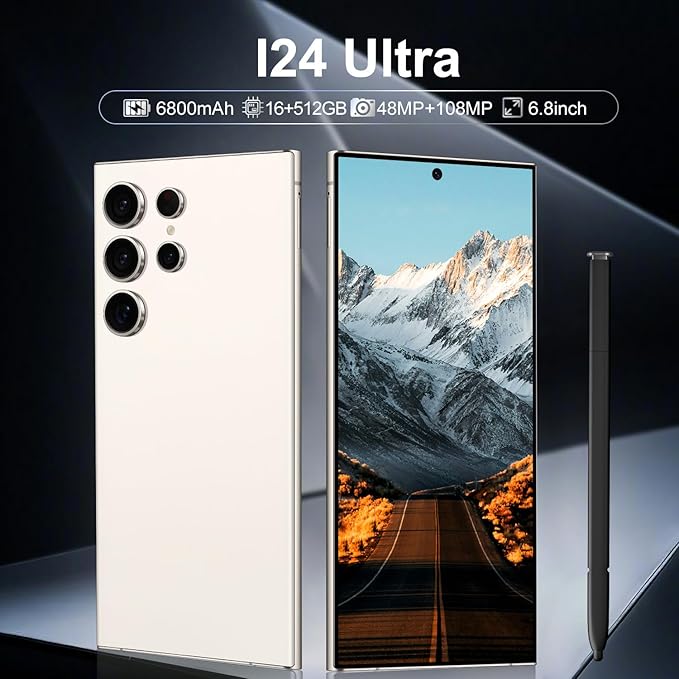BAOWU I24 Ultra 5G Unlocked Phones, Built in Pen, Smartphone Battery 6800mAh 6.8" HD Screen Unlocked Cell Phone, 16+512GB Android14 with 128G Memory Card, Face ID/Fingerprint Lock/GPS (White)