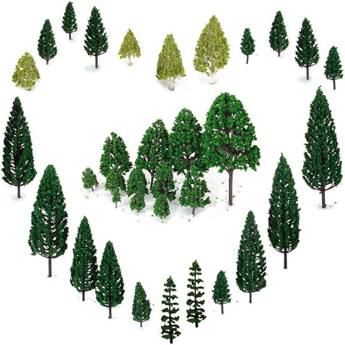 OrgMemory Mixed Model Trees, 29pcs, 1.5-6 inch(4-16 cm), Ho Scale Bushes, Diorama Supplies, Plastic Trees for Projects, Model Train Scenery with No Bases