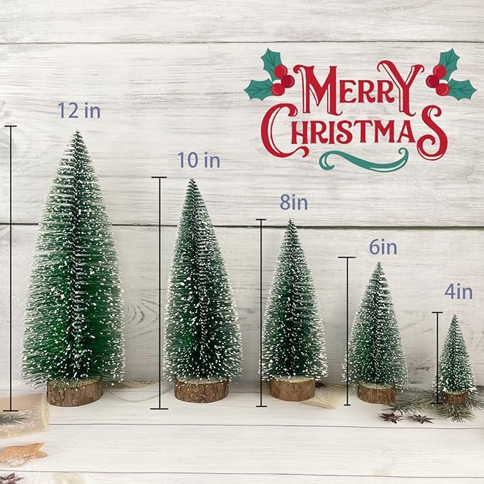 NotiGat 5pcs Small Christmas Tree Tabletop Decor mini Christmas Trees for Decoration Wooden Xmas Bottle Brush Tree Christmas for Village Holiday Party（4/6/8/10/12 inch）
