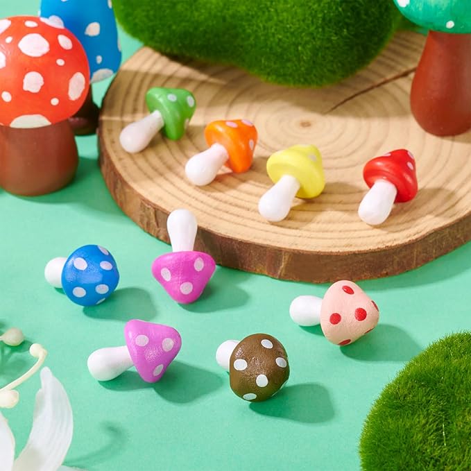 36 Pcs Wooden Mushrooms Figurines Tiny Wood Mushroom Miniature Colorful Mushroom Dollhouse Ornaments for Landscape Fairy Garden Plant DIY Table Office Desk Home Party Decor