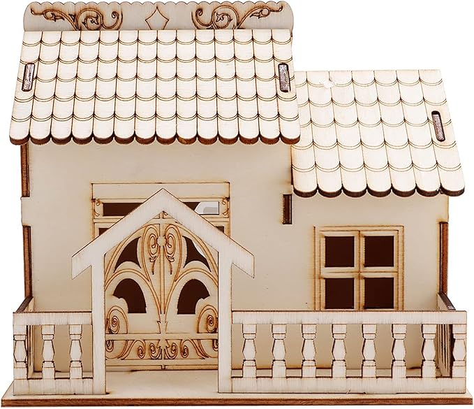Buachois House Piggy Bank, 13 X 14 X 15cm Miniature Villa Coin Storage Box with Night Light, Wooden Money Bank House Model Dollhouse for Great Desktop Gift(#2)