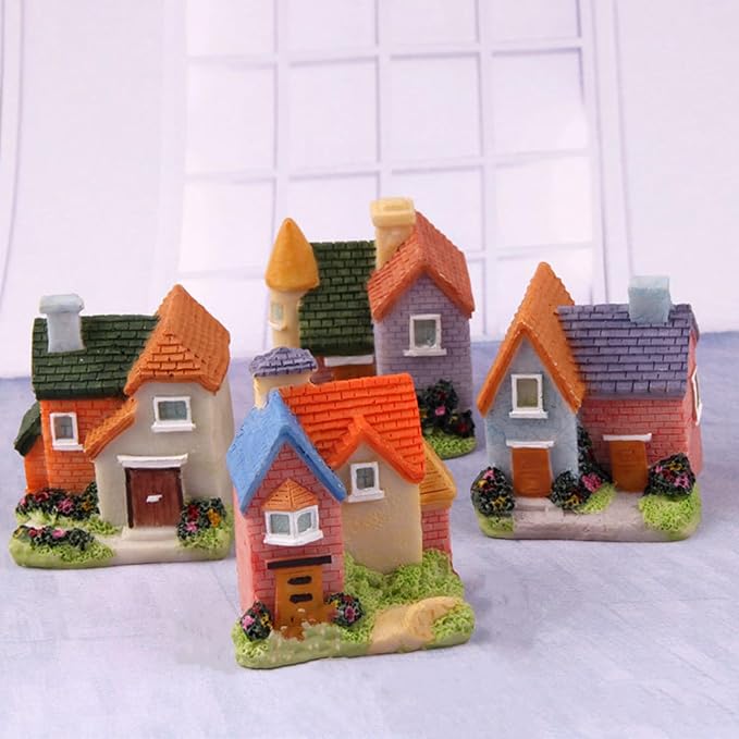 Avtytsda Resin Miniature House 4PCS Miniature House Fairy Gardening Micro Landscape Village Stone House Bonsai Terrarium Crafts Ornaments Accessories Home Decoration (B)