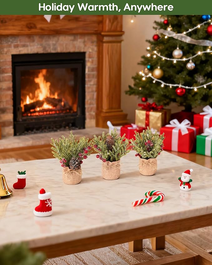 Velener Artificial Christmas Flowers for Outdoor-3 Pcs Faux Pine Branches with Red Berries & Pinecones, Fake Christmas Greenery Stems with Burlap Bag Vase, Winter Norfolk Pine Branches for Indoor