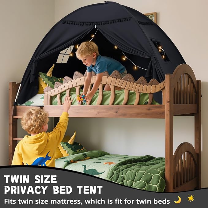 Full Size Bed Tent Canopy: Lights & Flags Indoor Floor Bed Kids Tent Playhouse - Space Blackout Sleeping Tents Indoor Breathable Portable Cottage Drafty Room Floor (Large Black)