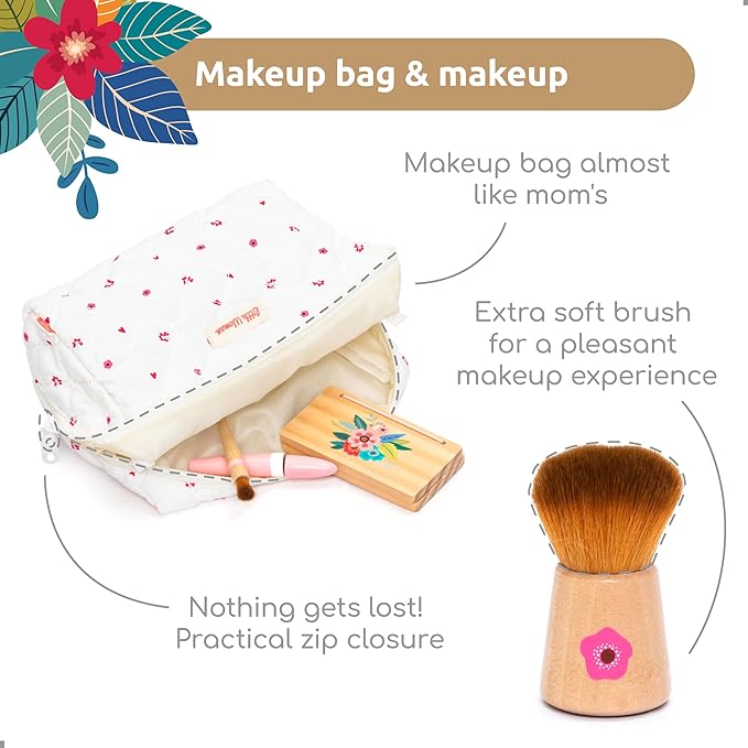 UMU® Wooden Pretend Makeup Kit for Toddlers – Realistic Toy Beauty Set for Girls with Lipstick, Mirror, Perfume, Powder & Cosmetic Bag – Play Makeup for Kids Ages 3 4 5 6