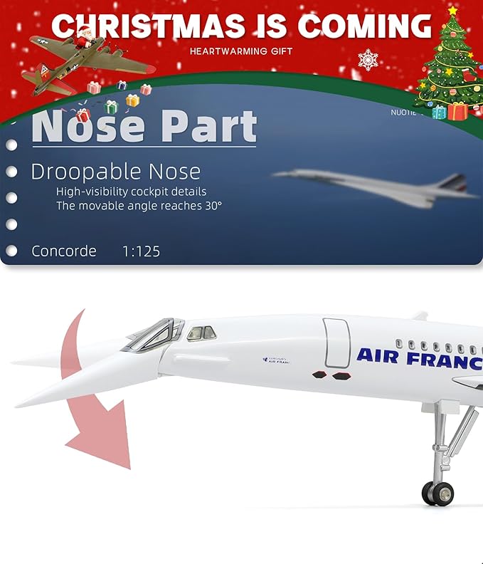 1/125 Scale Concorde Airplane Model Prebuilt Diecast Aircraft Miniature Kit Airplane for Air France Metal Model for Adults Collection or Gift