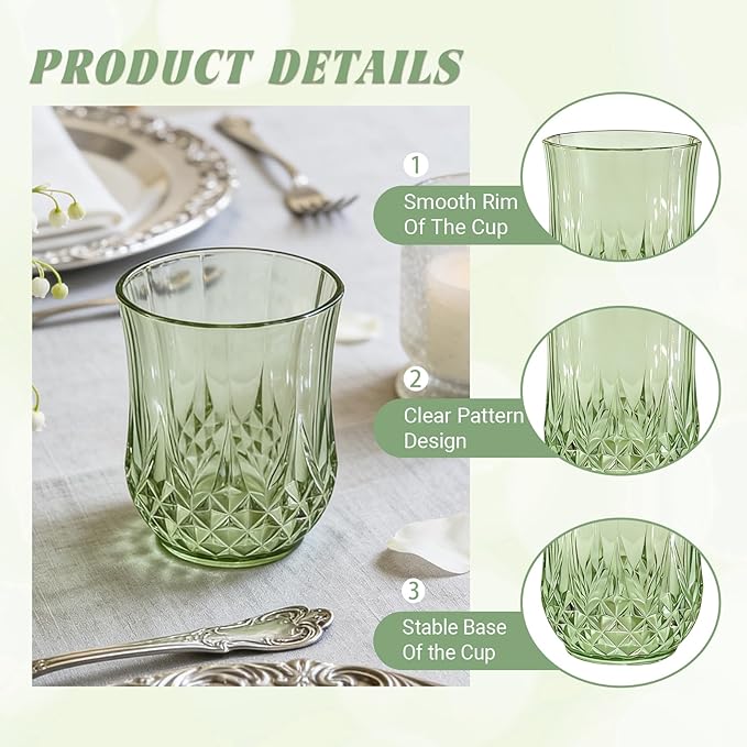 LEYIQU Stemless Wine Glasses, Plastic Reusable Cups Vintage Drinking Glasses Tumblers, Valentine’s Day Gifts for Couples, for Whisky, Beer, Juice, Beverages, Cocktai (24, 12oz-Sage Green)