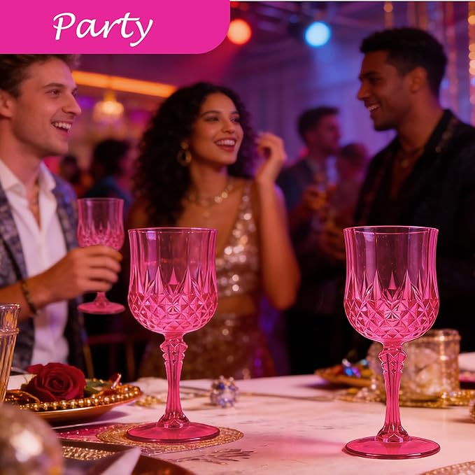 LEYIQU Plastic Wine Glasses, Plastic Goblets Vintage Style Cordial Drinking Glasses for Valentine’s Day, Wedding Reception, Grand Event Party Supplies (24, Hot Pink)