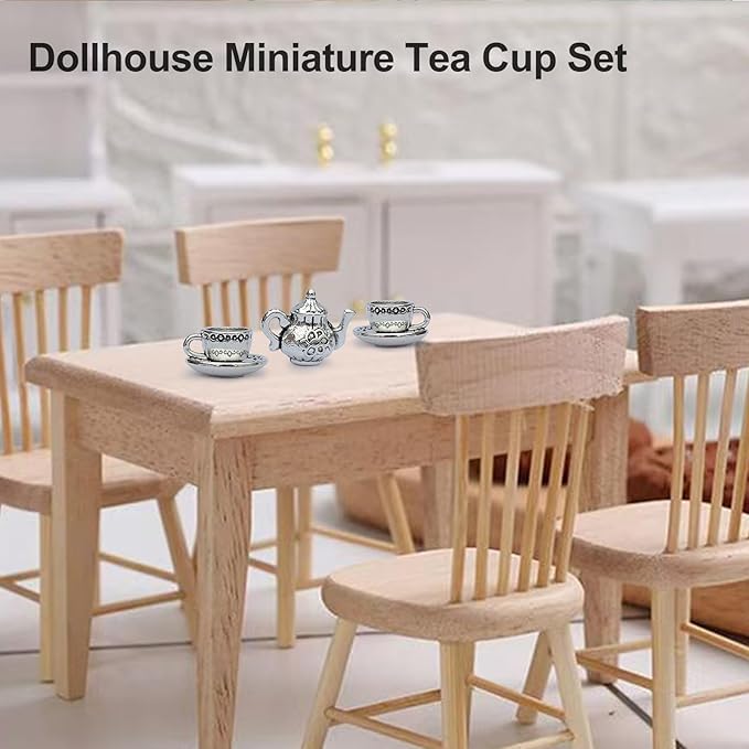 Miniature Tea Cup Set 1:12 Dollhouse Vintage Metal Teapot Coffee Shop Kitchen Accessories Decor, Mini Cups and Teapot 3 Pcs