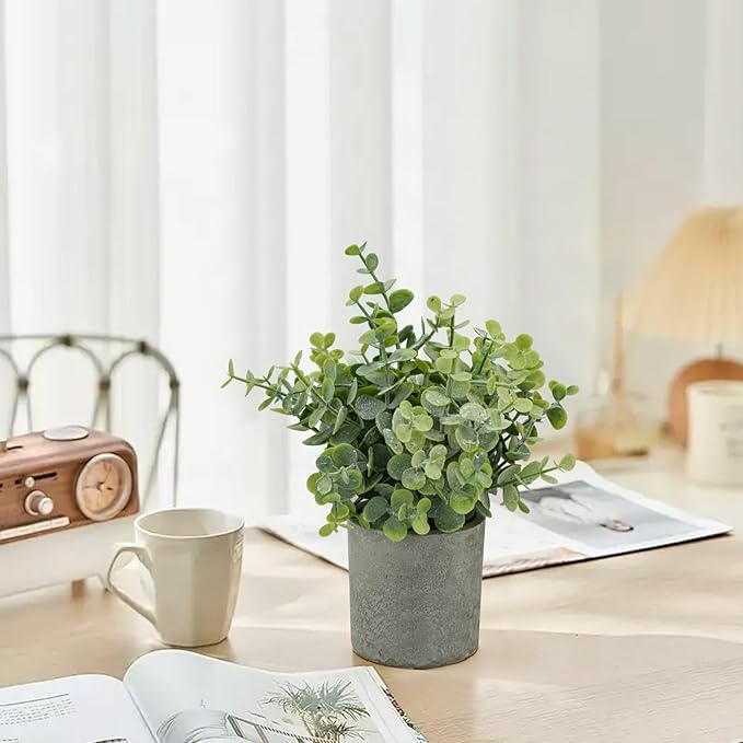 Bacucine 3Pcs Fake Plants Potted Mini Artificial Greenery Artificial Plants for Shelf Table Office Farmhouse Home Decor (Eucalyptus)