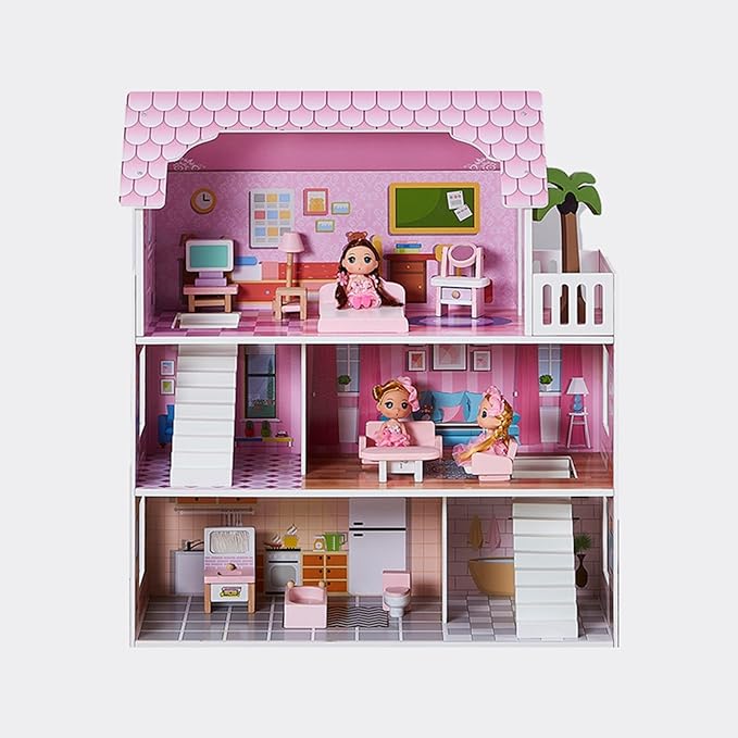 3 Story Dollhouse for Girls with Furniture, Pink Wooden Doll House Playset for Kids Ages 3-8, Multi-Room Modern Doll Cottage with Movable Accessories, Storage & Easy Assembly for Imaginative Role Play