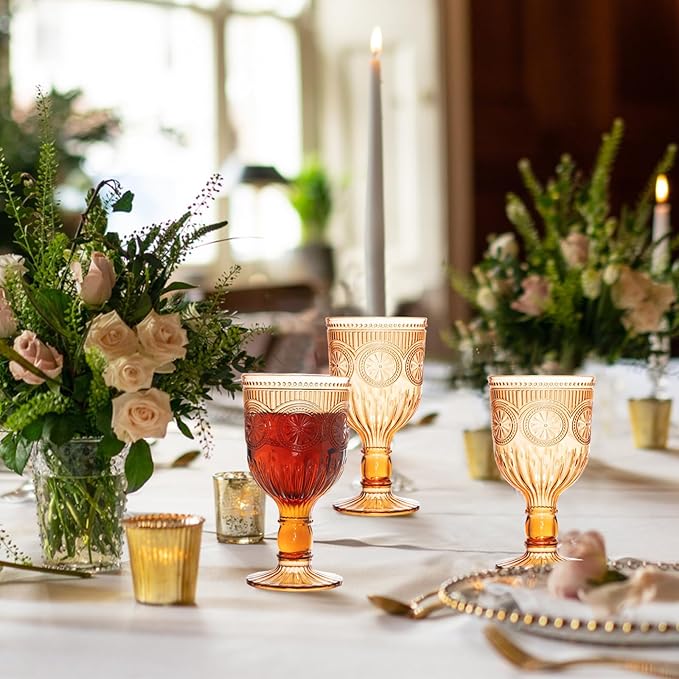 48 Pack Vintage Wine Glasses, Plastic Reusable 12 Ounce Colored Water Goblets, Unique Flower Embossed Pattern Unbreakable Stemmed Wine Glasses High Clear Wedding Party Bar Drinking Cups Amber