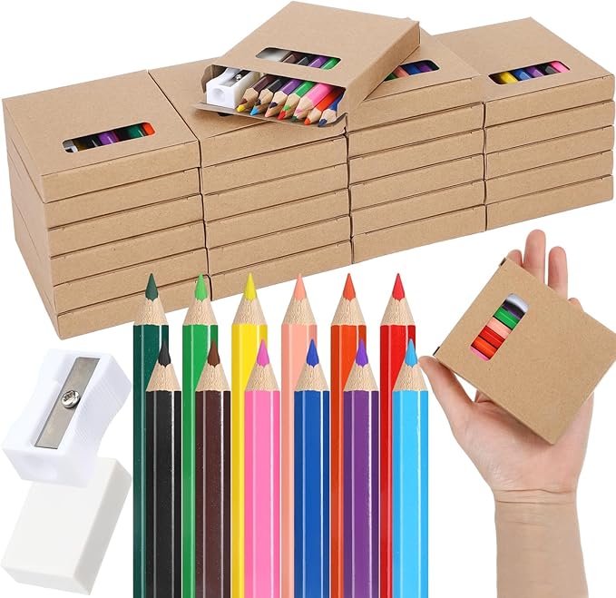 Noveread 288 Pcs / 24 Boxes Christmas Mini Colored Pencils Bulk for Kid 3.5 Inch Short Drawing Colored Pencil with Sharpener Eraser for Christmas Children Painting Classroom Gifts Party Supplies