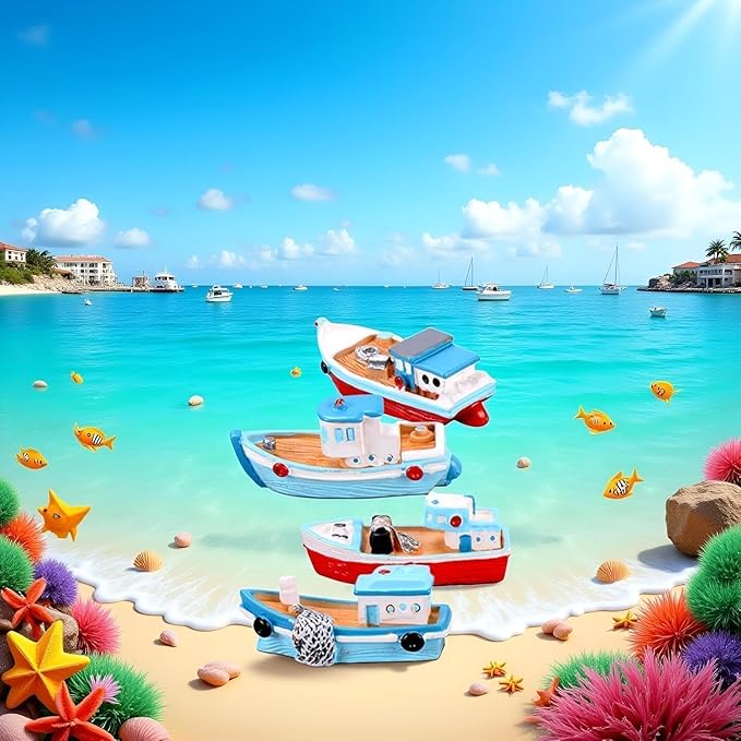 2 Pcs Colorful Miniature Dollhouse Boat Mini Fishing Boat Model Mediterranean Decor Resin Desktop Boat Ornament Ocean Beach Micro Landscape Decoration Dollhouse Accessories