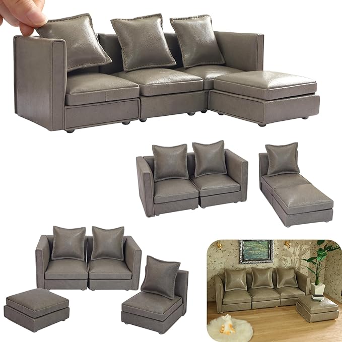 iLAND Dollhouse Furniture Miniature Sectional Couch Set for Doll House Décor Fit 1/12 Scale Accessories, Modern Gray Faux Leather Sofa Timeless & Classic