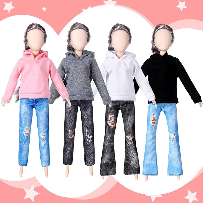Bencailor 8 Pieces Winter Doll Clothes Girl Accessories Cotton Christmas Sweaters Denim Pants Regular Outfit Clothing(Black,White,Grey,Pink,11.5 Inch Doll)