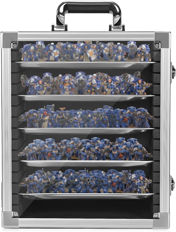 Miniature Carrying Storage Case Aluminum Alloy Frame Transport Case, Miniatures Transport Case with Lock and 5 Metal Tray