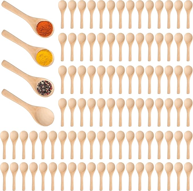 Boao 100 Pcs Small Wooden Spoons, 3.5'' L, Mini Wood Natural Tiny Spoons Wooden Little Teaspoons for Jars Sugar Creamer Honey Spices Salt Kitchen Supplies (Light Brown)